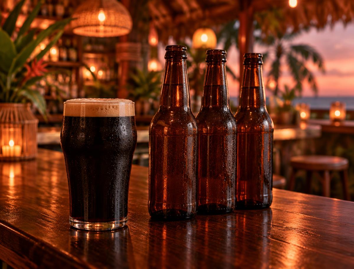 Imported beers lined up on the bar at sunset