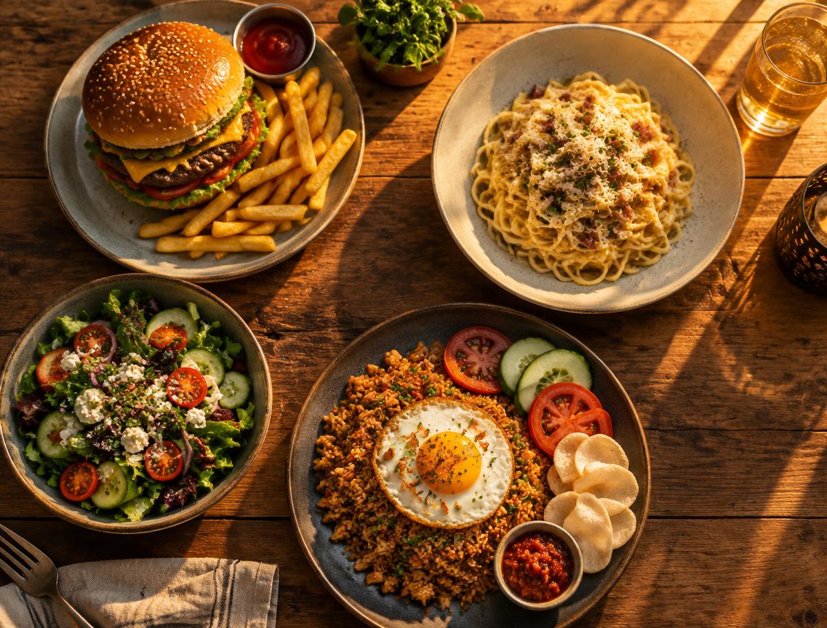 Burger, pasta, nasi goreng and salad on a wooden table